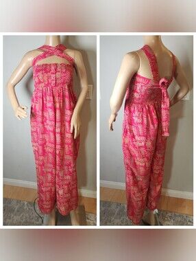 NWT Tangerine Temple Wide Leg Smocked Sleeveless Jumpsuit Red Beige Small Medium